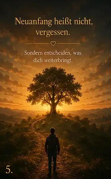 Ein junger Mann läuft einen Bergpfad zu einem einzelnen Baum auf einem Gipfel hinauf. Hinter dem Baum geht die Sonne in warmen Goldtönen unter. Das Bild symbolisiert einen Neuanfang, persönliches Wachstum und den Mut, die Vergangenheit loszulassen.