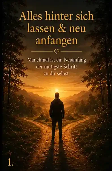 Ein junger Mann steht an einer Weggabelung und blickt in einen goldenen Sonnenuntergang. Das Bild symbolisiert einen Neuanfang, Hoffnung und den Mut, den eigenen Lebensweg zu wählen.