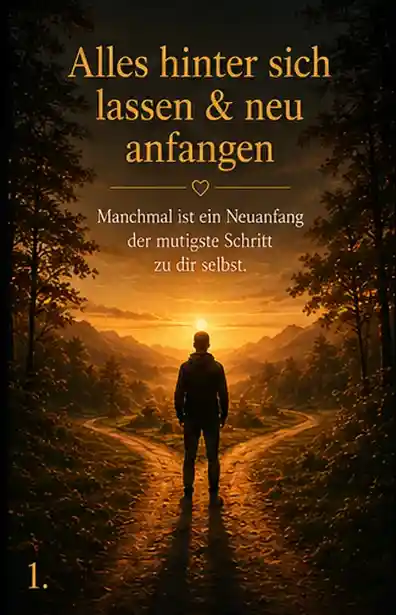 Ein junger Mann steht an einer Weggabelung und blickt in einen goldenen Sonnenuntergang. Das Bild symbolisiert einen Neuanfang, Hoffnung und den Mut, den eigenen Lebensweg zu wählen.