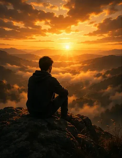 Ein Junge sitzt auf einem Felsvorsprung und blickt über ein nebelverhangenes Tal mit Berggipfeln in Richtung Sonnenuntergang.