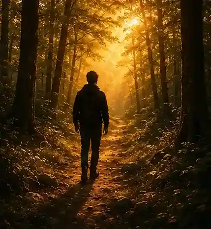 Ein Junge geht auf einem Waldweg durch einen dunklen Wald in Richtung Sonnenuntergang.