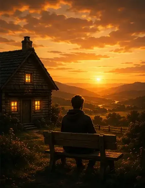 Ein junger Mann sitzt auf einer Bank neben einem Haus und blickt über ein Tal in Richtung Sonnenuntergang. Dunkle Wolken ziehen am Himmel auf, während die Sonne den Weg vor ihm erhellt.