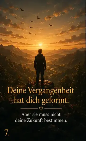 Ein junger Mann steht auf einem Felsvorsprung und blickt über ein weites Tal in einen goldenen Sonnenuntergang. Das Bild symbolisiert den Mut, die Vergangenheit loszulassen und mit Hoffnung in eine positive Zukunft zu blicken.