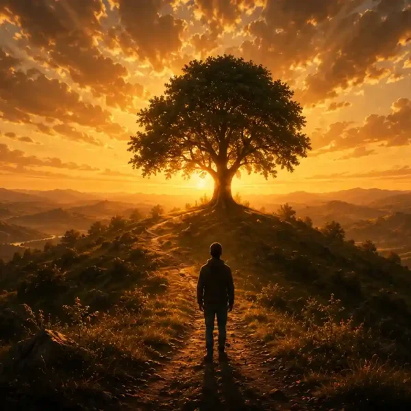 Ein junger Mann läuft einen schmalen Pfad entlang, der zu einem Hügel mit einem einzelnen Baum führt. Im Hintergrund taucht ein goldener Sonnenuntergang die Landschaft in warmes Licht und symbolisiert Hoffnung, Orientierung und den eigenen Lebensweg.
