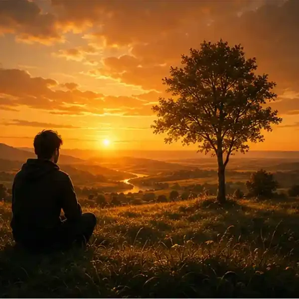 Ein junger Mann blickt über ein weites Tal mit einem geschwungenen Weg, der in einen goldenen Sonnenuntergang führt. Das Bild steht symbolisch für Zuversicht, Hoffnung und den Blick in eine positive Zukunft.