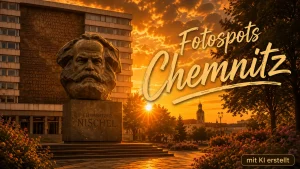 Fotospots Chemnitz: Der Chemnitzer Nischel bei einem stimmungsvollen Sonnenuntergang mit blühenden Beeten und Stadtkulisse.